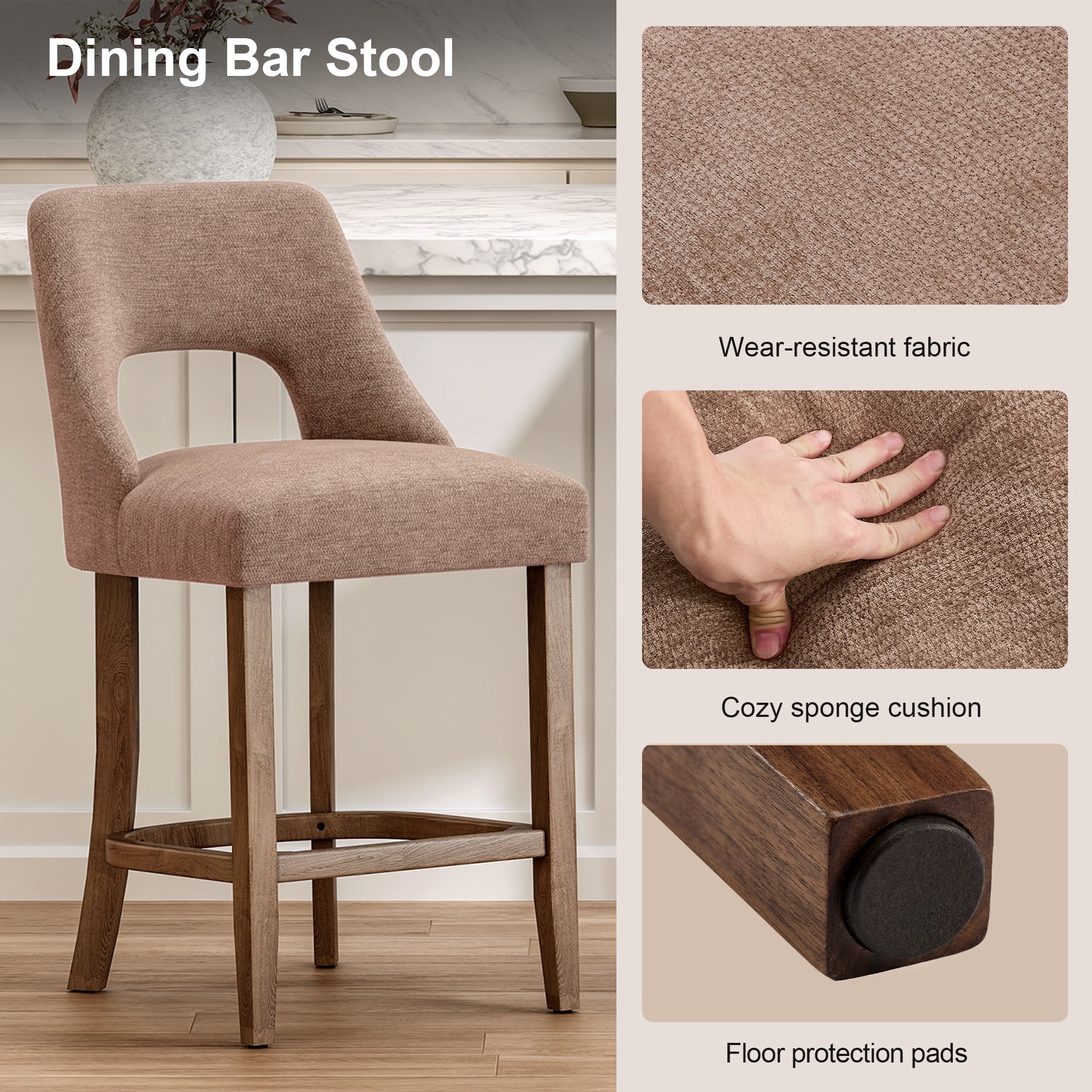 PORKISS 26" Bar Stools Set of 2, Upholstered Kitchen Island Stools with Hollow Back, Mid-Century Counter Stools with Wood Legs Footrest, Khaki