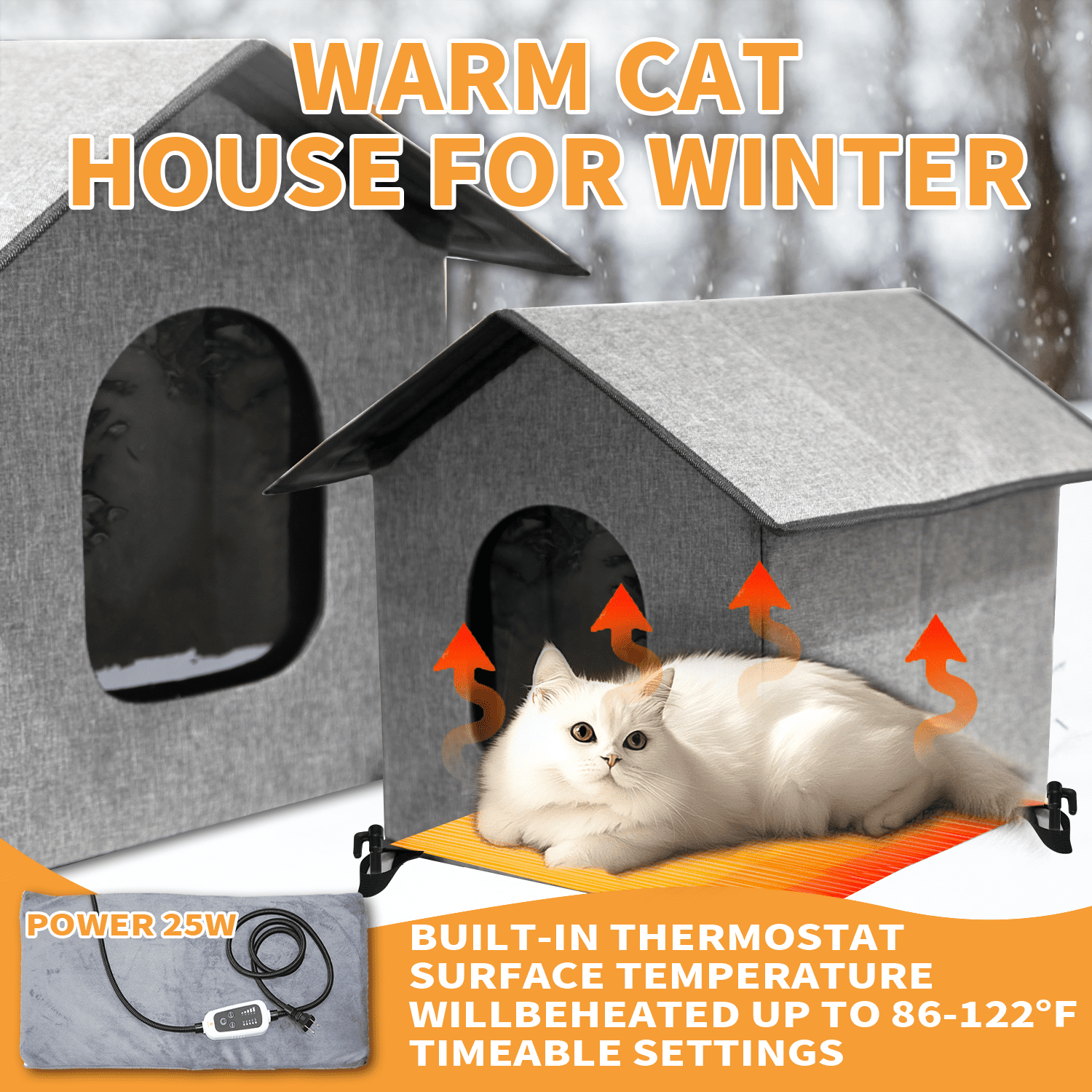 Outdoor Heated Cat House,Warming Cold Weather House with Heated Pad for Winter