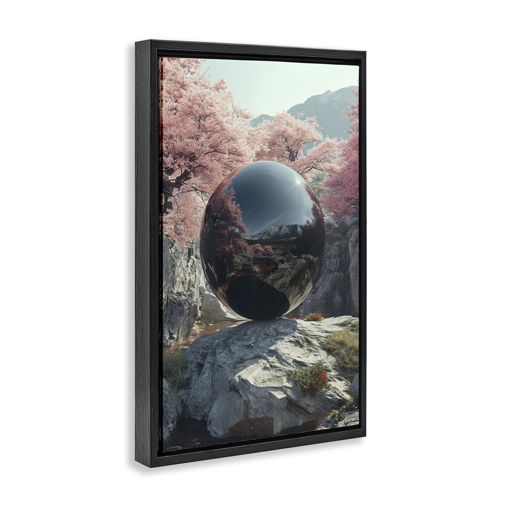 Stupell Industries Surreal Reflective Ball Landscape Painting Black Floater Framed Art Print Wall Art, 17 x 25