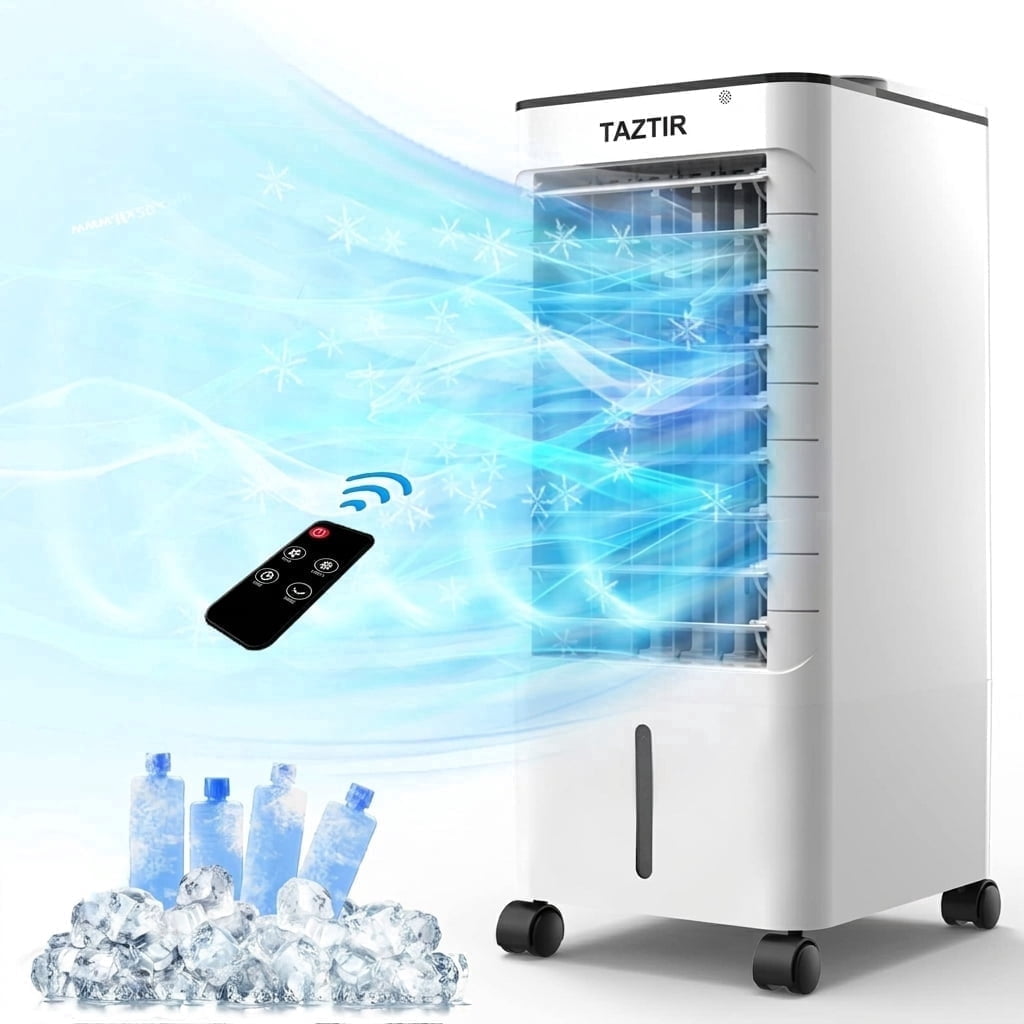 TAZTIR Evaporative Air Cooler, 3-in-1 Portable Swamp Cooler with 1.16 Gal Water Tank, 4 Ice Packs, Remote Control, 12H Timer, Quiet Cooling Fan for Bedroom, Office & Small Room