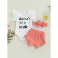 thumbnail image 2 of Infant Girls Letters Print Fly Sleeves Romper, Solid Color Ribbed Shorts and Headband, 2 of 8