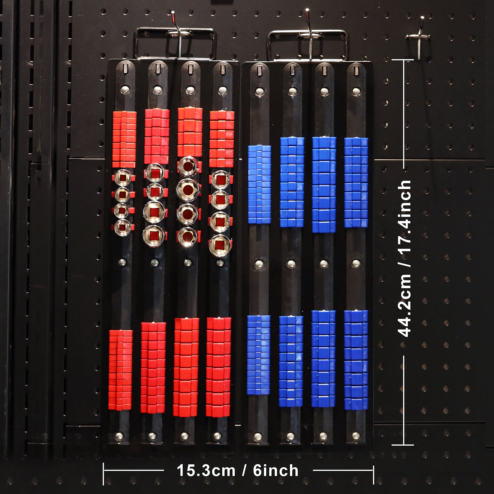 Mayouko Pro 80-Piece Portable Socket Organizer Tray, 2 Pcs Set, Blue & Red, Tools Organizer 1/4-Inch, 3/8-Inch, 1/2-Inch, Heavy Duty Socket Holder, Black Rails, Blue & Red Clips