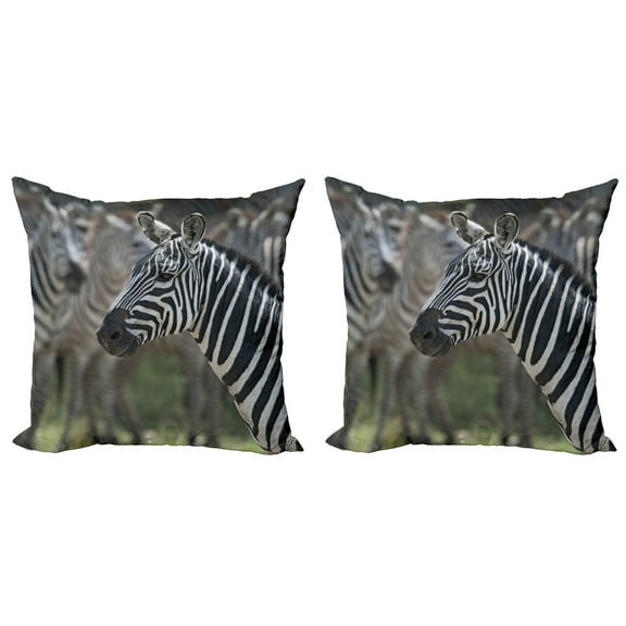 Ambesonne African Throw Pillow Cover 2 Pack, Zebra in Serengati Park, 24", Reseda Green White Black