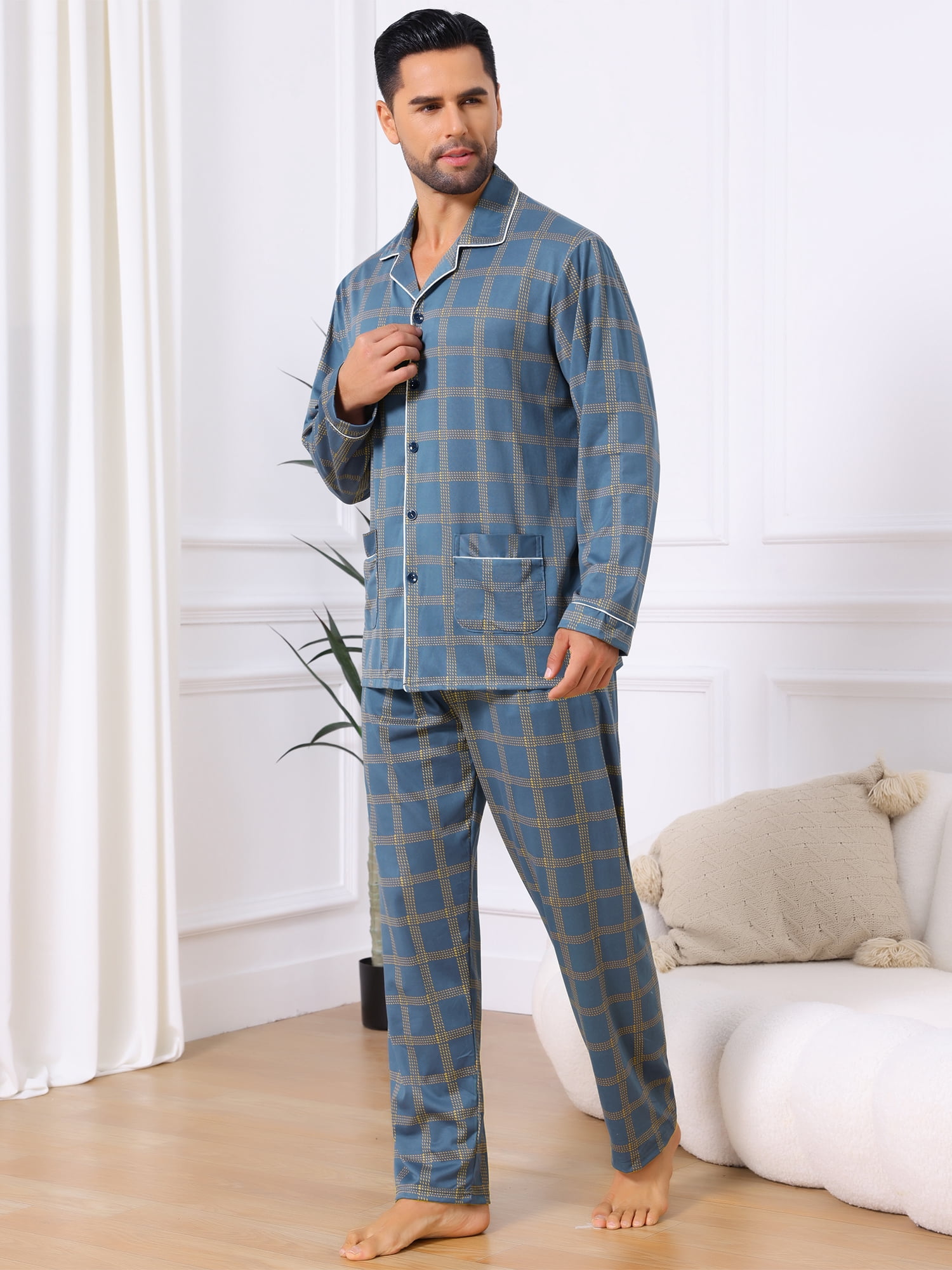 DARING DIVA Men's 2-Piece Long Sleeve Button Down Pocket Pajamas Set S Blue Yellow