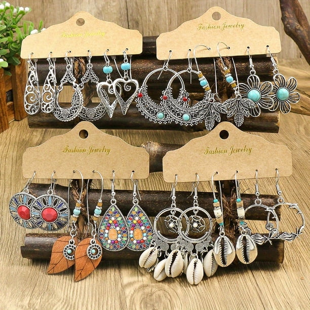 Vintage Boho Earrings Set with Hollow Heart, Leaf, Feather, and Turquoise Jewelry - Perfect Gift for Women and Girls