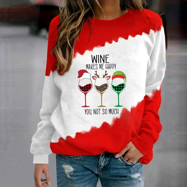 Femmes T-Shirts d'Automne Femmes Noël Imprimé Col Rond Pull à Manches Longues Rouge L
