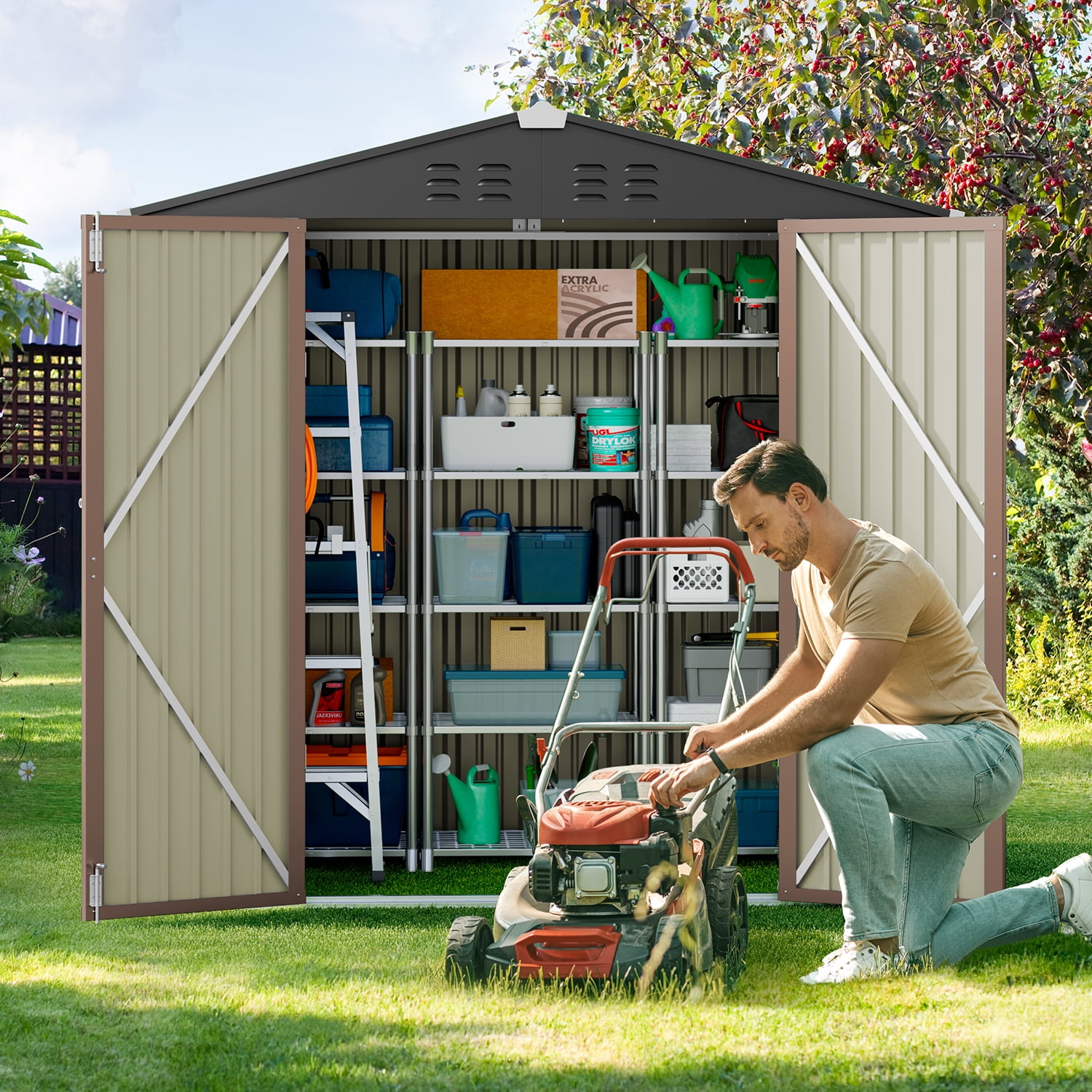 Lofka Outdoor Storage Shed 8 x 6 FT, Galvanized Metal Garden Shed with Double Lockable Doors, Outdoor Storage Clearance for Backyard Patio Lawn- Brown