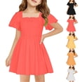 thumbnail image 1 of Girls Summer Sundress Summer Dress Short Sleeve A-Line Sundress with Square Neckline Lightweight Casual Outfit for Kids ,Sie:M, 1 of 5