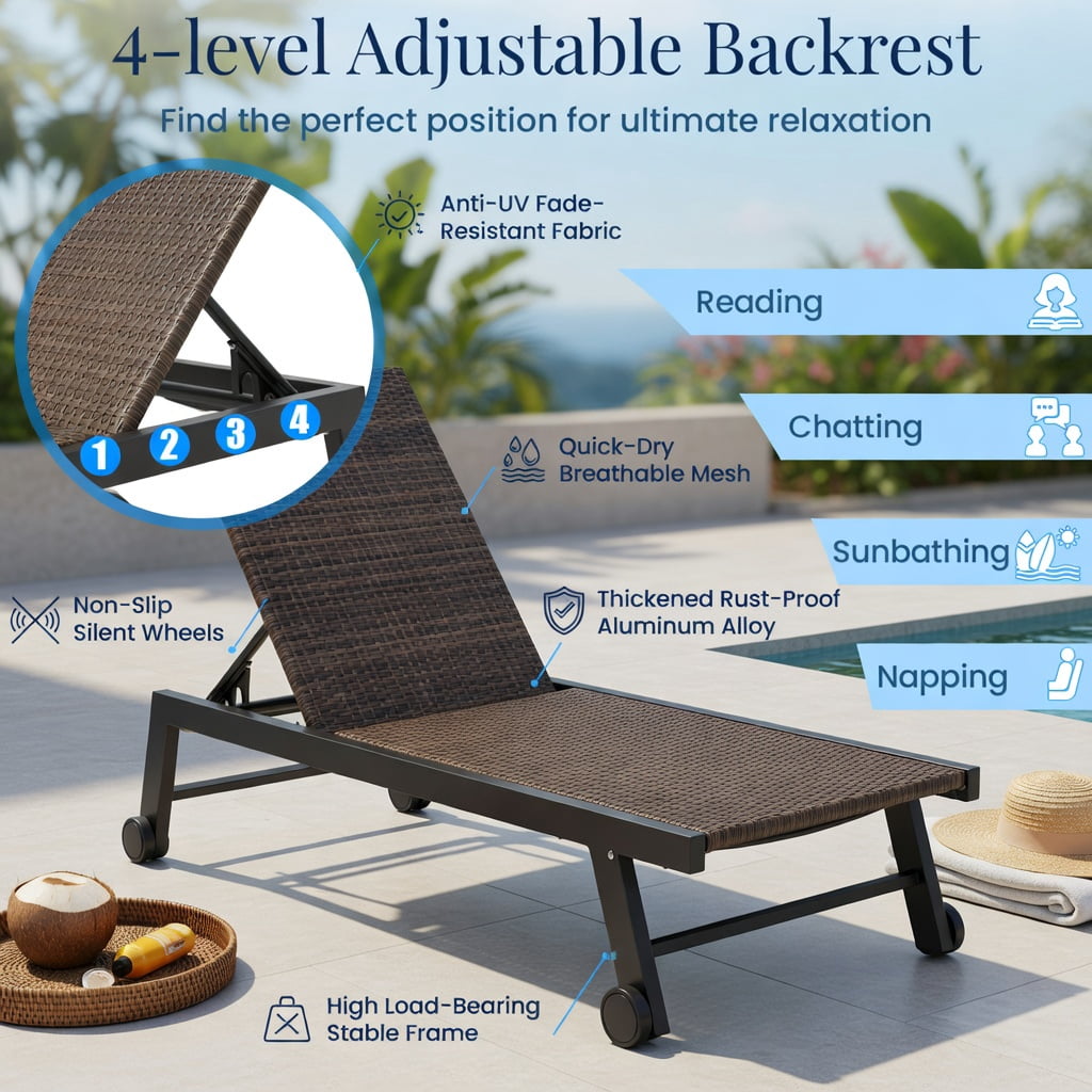 Hommoo PE Rattan Chaise Lounge Chair with 5-Position Adjustable Backrest, Heavy-Duty Steel Frame, Rolling Wheels, Woven Outdoor Recliner for Patio, Poolside & Deck, Brown