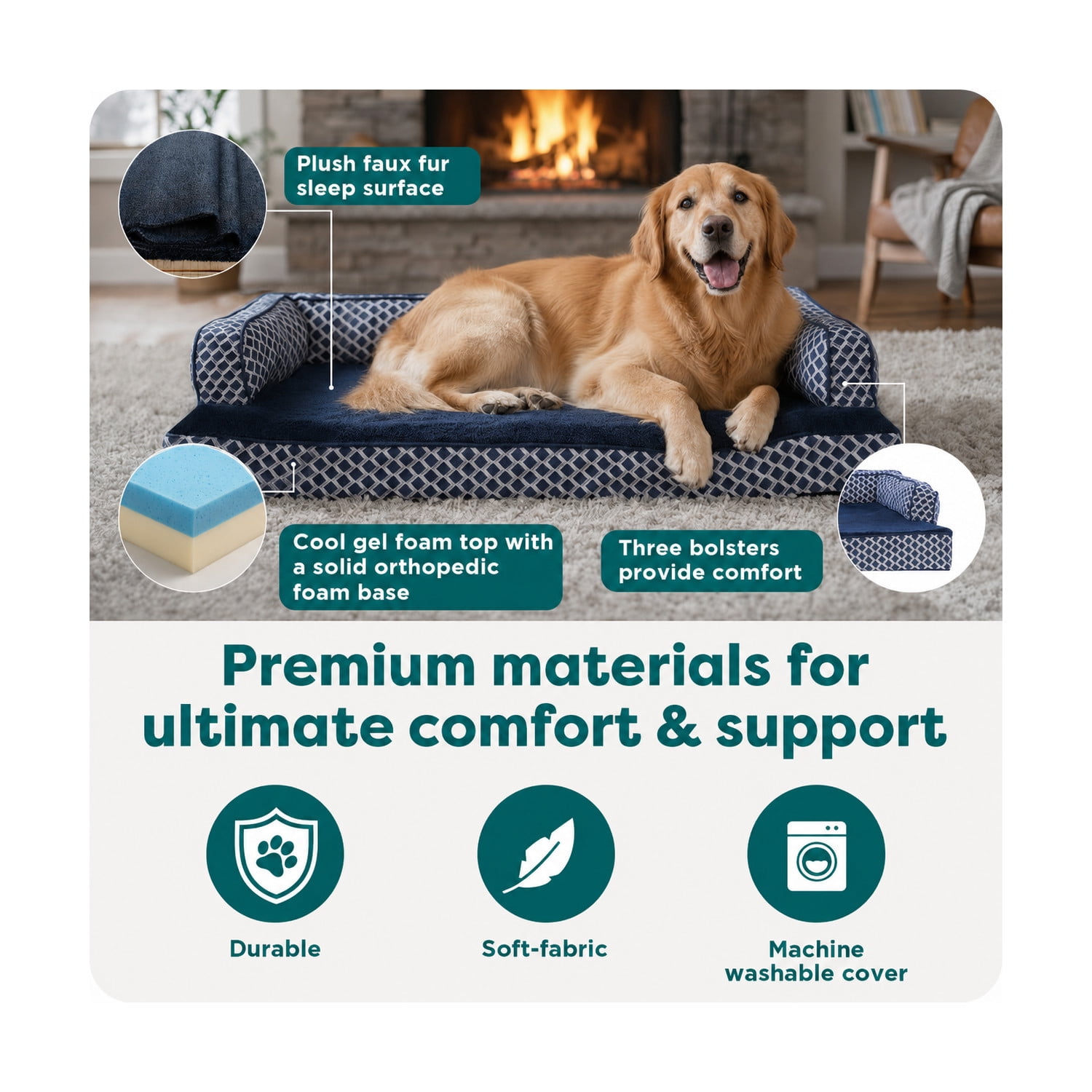 FurHaven Plush & Decor Cooling Gel-Top Comfy Couch Bed, Diamond Blue, Jumbo Plus, 1 Count