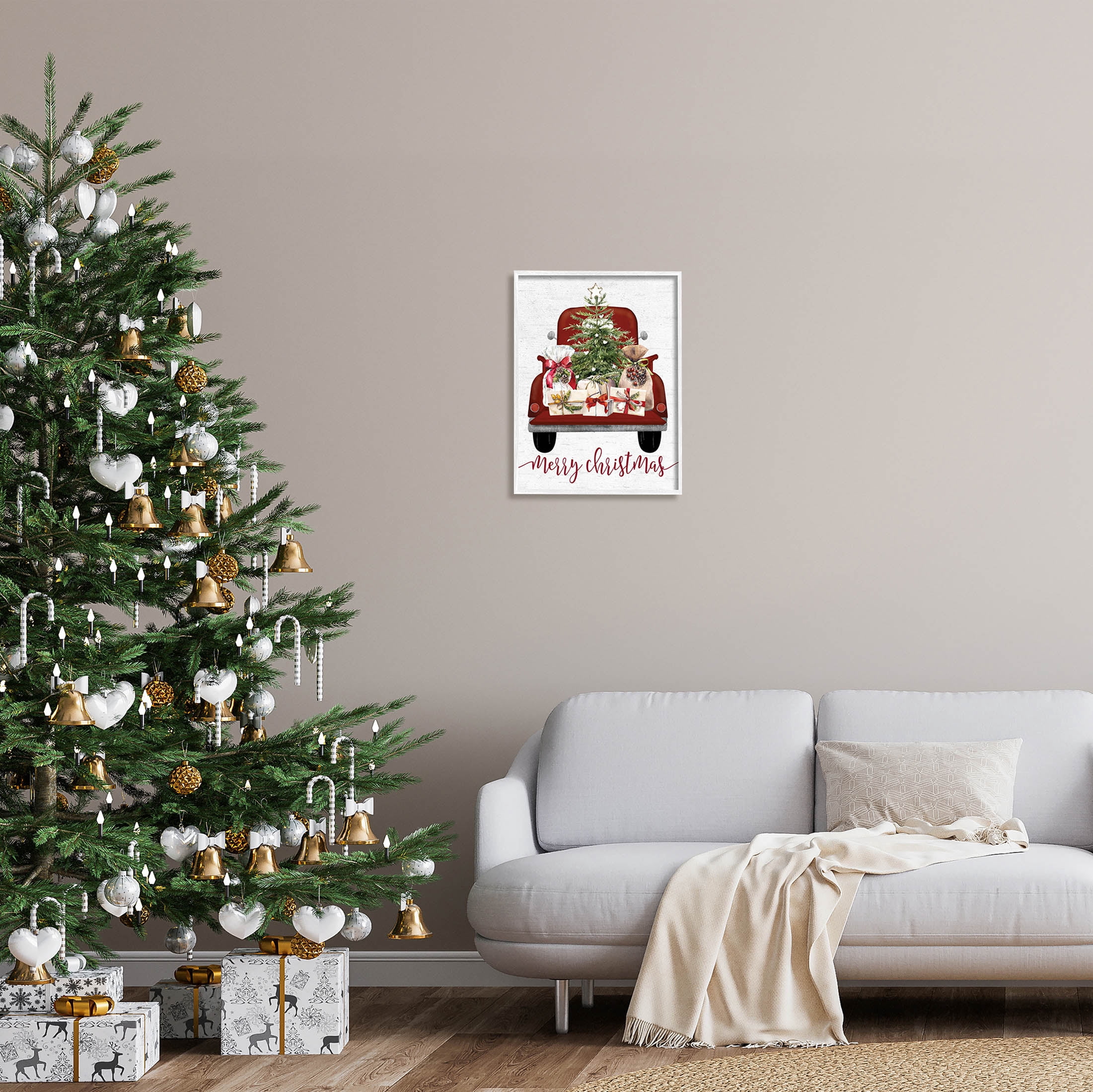 Stupell Industries Merry Christmas Holiday Presents Graphic Art White Framed Art Print Wall Art, Design by Lettered and Lined