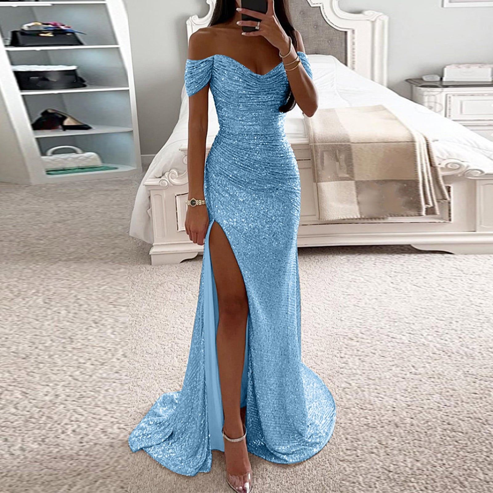 Dresses for Women Sequin Maxi Short Sleeve Pure Color Sequins off Shoulder Summer Dress Blue M - Walmart.ca Dresses for Women Sequin Maxi Short Sleeve Pure Color Sequins off Shoulder Summer Dress Blue M - Walmart.ca
