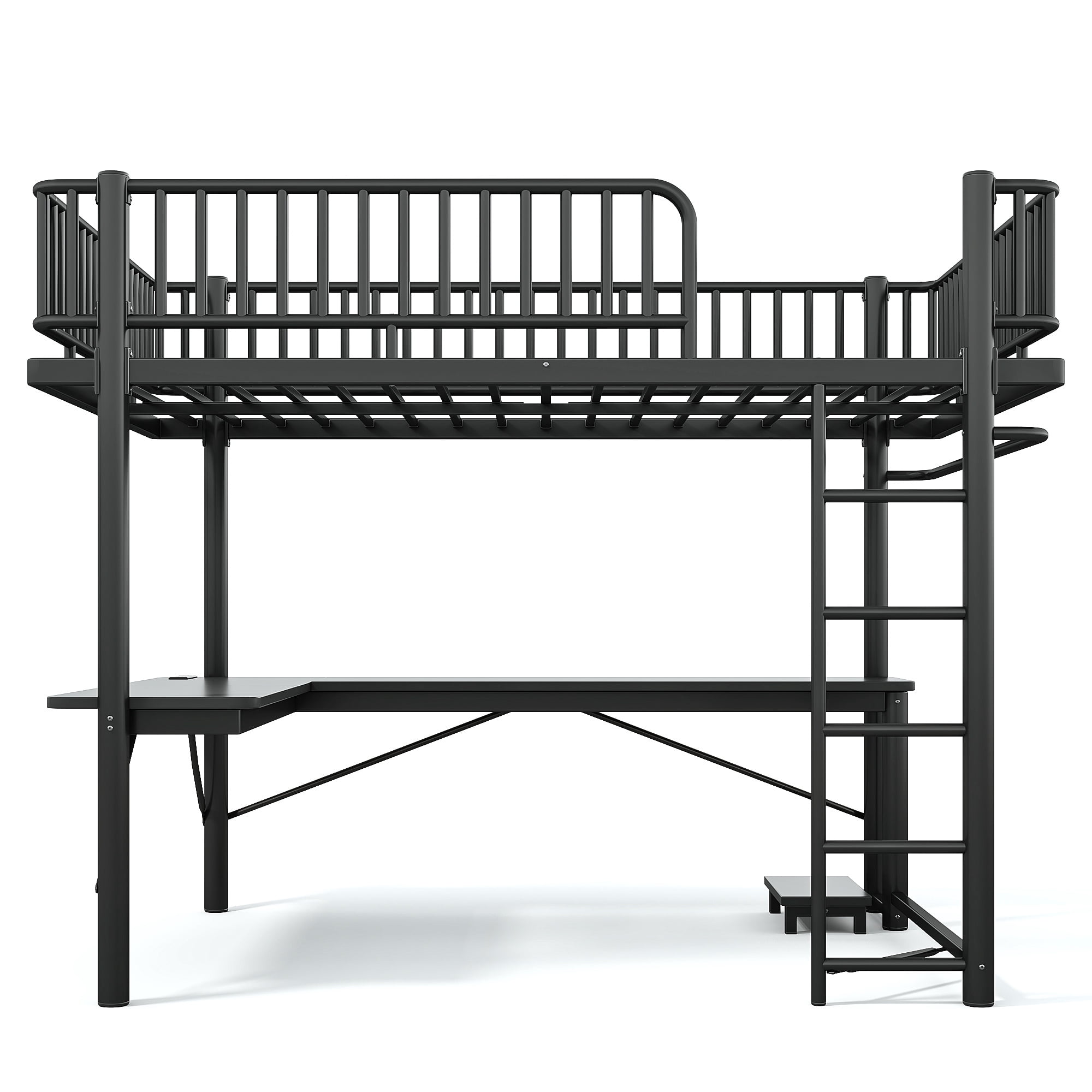 Mintazer Queen Metal Platform Loft Bed with L-Shaped Desk, LED Lights, Charging Station, Hanging Pipe, Safety Rail & PC Tray, Black