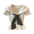 thumbnail image 2 of WHEANG Oversized Tshirts for Women Nautical Collar Cape Patchwork Striped Sleeve Fake Two-Piece Short Sleeve T-Shirt New Cropped Preppy Cute Summer Tops for Women White Size XL, 2 of 3