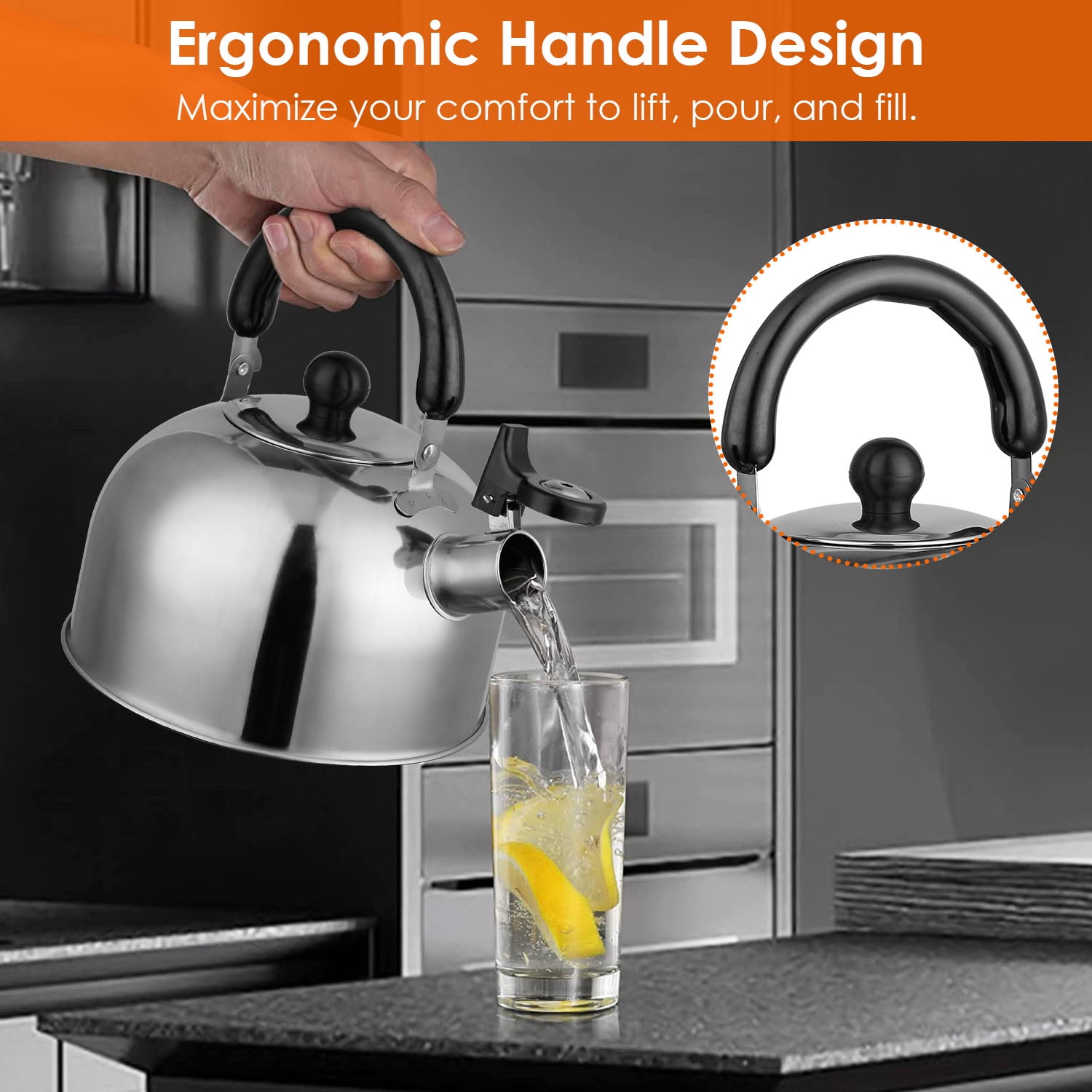 2.1 Quart Stainless Steel Whistling Kettle, Heat Insulated Handle Fast Heating Tea Kettle, Compatible with All Stoves for Kitchen Camping Office
