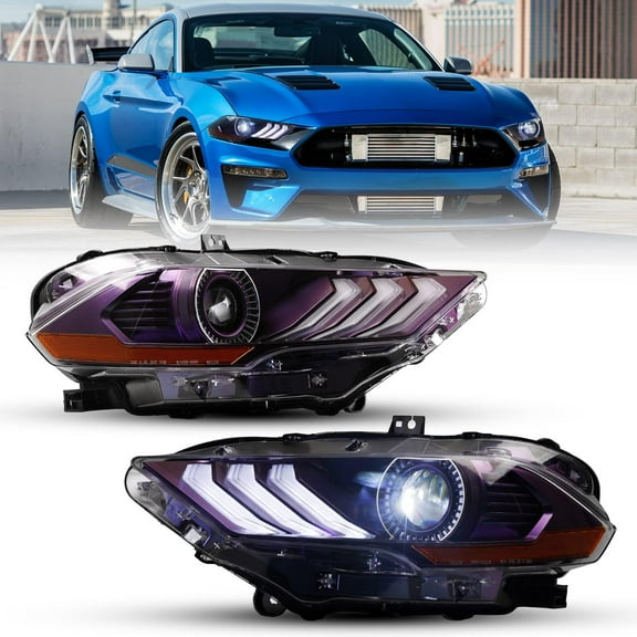 Full LED Headlights Fit For 2018 2019 2020 2021 Ford Mustang Coupe & Convertible Colorful Projector Headlamp w/Turn Signal Light/DRL/High & Low Beam/Amber Reflector (Blue Purple)