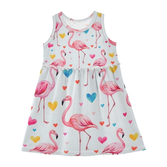 Girls Dress Flamingo Heart Sleeveless Dress for Girls Hem A-Line Casual Sundress