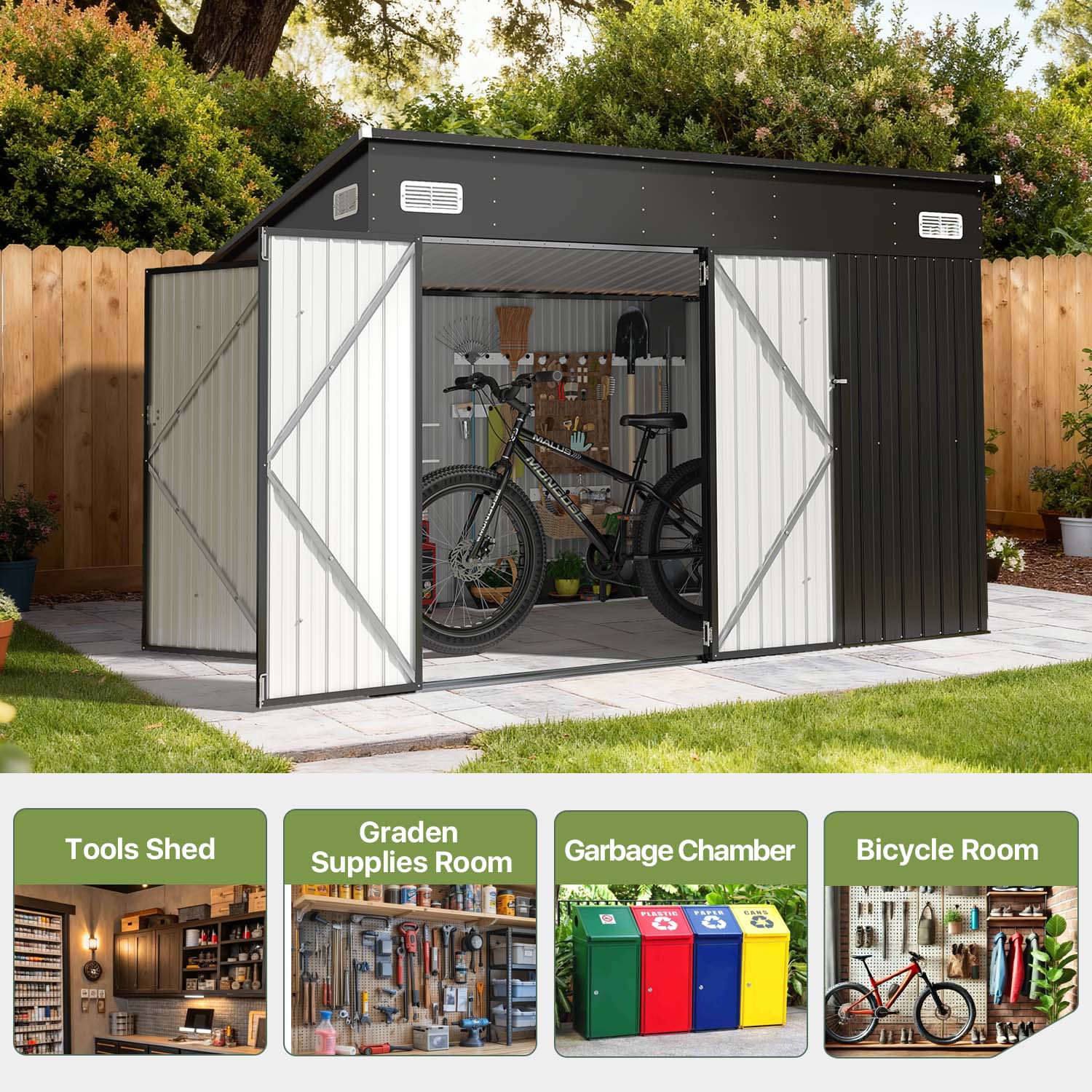 BaPiPro 10'x8' Heavy Duty Metal Storage Shed, Large Outdoor Storage with Lockable Triple Doors & Vents, Lean-to Tool Shed for Garden, Backyard, Patio - Black