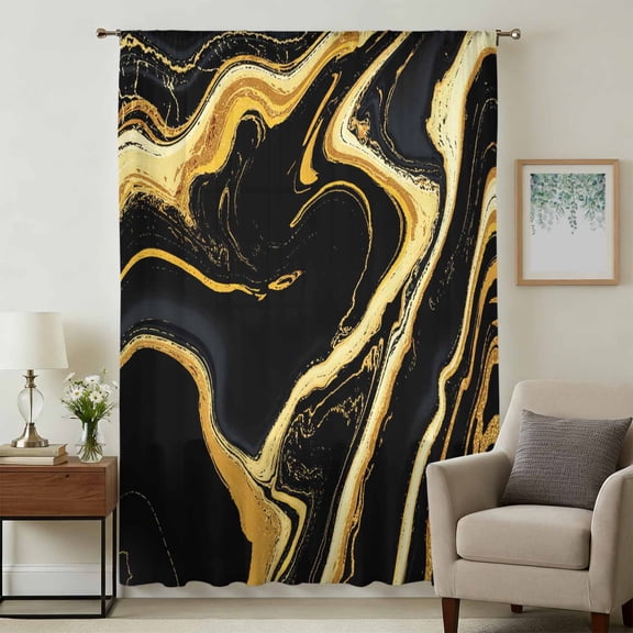 Black Gold Marble Sheer Curtains 45 Inches Long, Modern Geometric Textured Light Filering Curtains, Breathable Simi Curtain Privacy Drapes for Kitchen Bathroom Lightweight Small Window Treatment