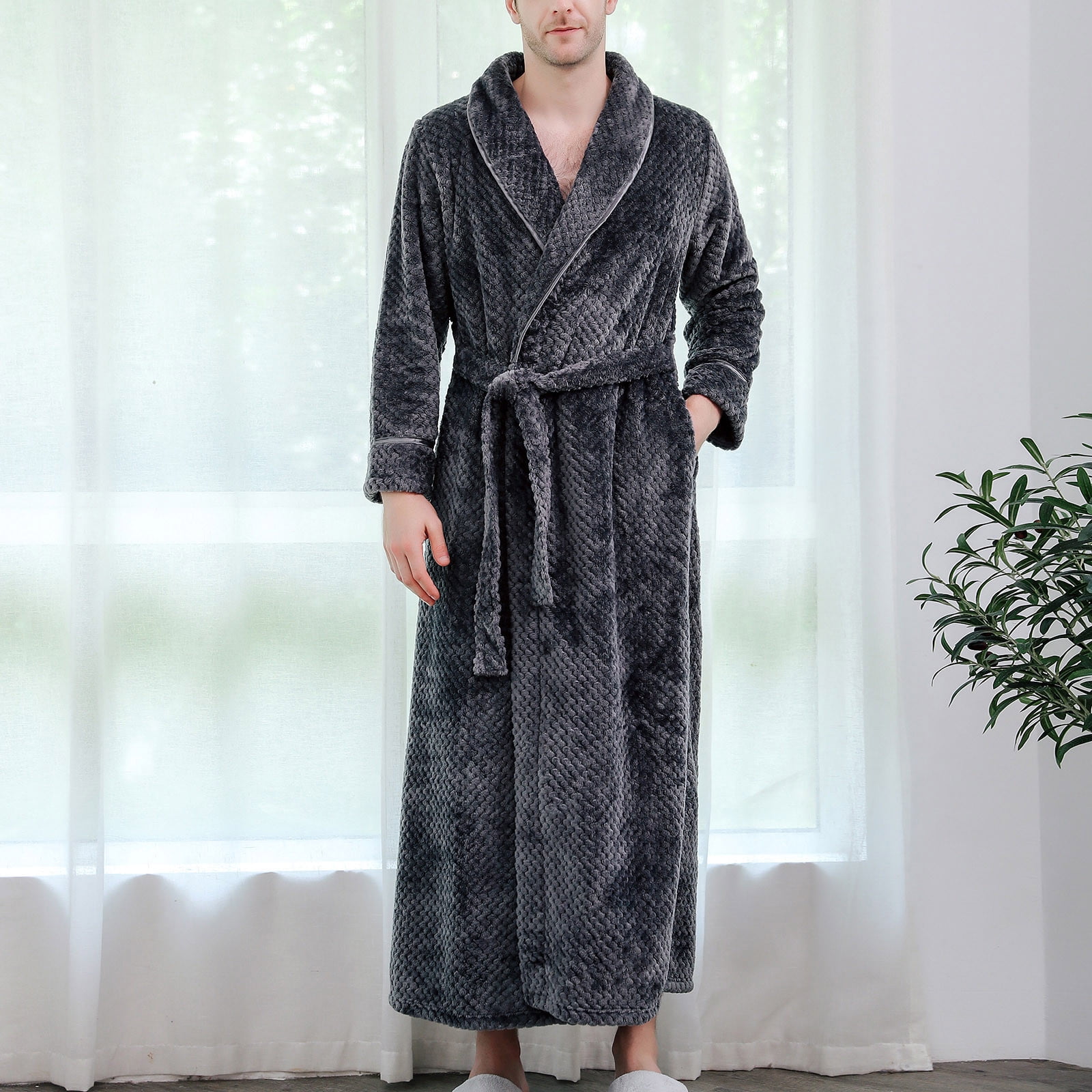 Men's Winter Lengthened Plush Shawl Bathrobe Home Clothes Long Sleeved Robe  Coat - Walmart.com