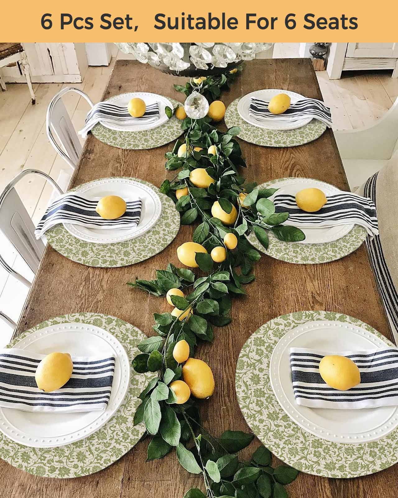 13 Inch Round Placemats Set of 6, Green Floral Non Slip Heat Insulation PP Table Mats, Vintage Rustic Botanical Spring Washable Place Mats for Kitchen Dining Party Table Decor