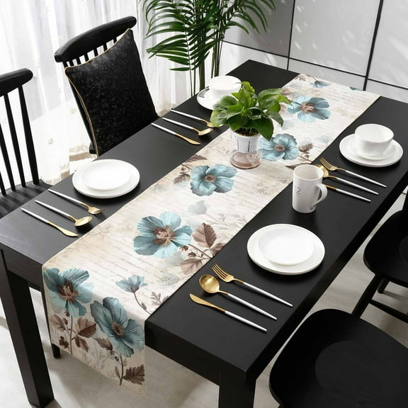 Spring Floral Cotton Linen Table Runner 13 x 90 inch Teal Tulip Vintage Botanical Summer Non-slip Rectangular Dining Table Decor for Wedding Party Holiday Dinner