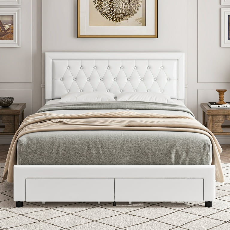 Homfa Queen Size Bed Frame with 2 Drawers, PU Leather Upholstered Platform  Bed with Adjustable Button Headboard, Beige 