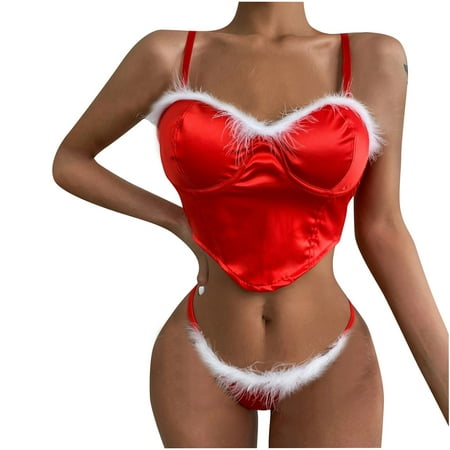

Ozmmyan Sexy Lingerie for Women Plus Size Lace Sheer Christmas Pajamas Comfy Silk Satin Splicing Plush Lingerie Babydoll Set for Women Naughty for Play Gift on Clearance