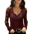 thumbnail image 2 of Gvmfive Women's Lace Stitching Solid Long Sleeve Hot Drilling V-Neck Casual Blouses, 2 of 4