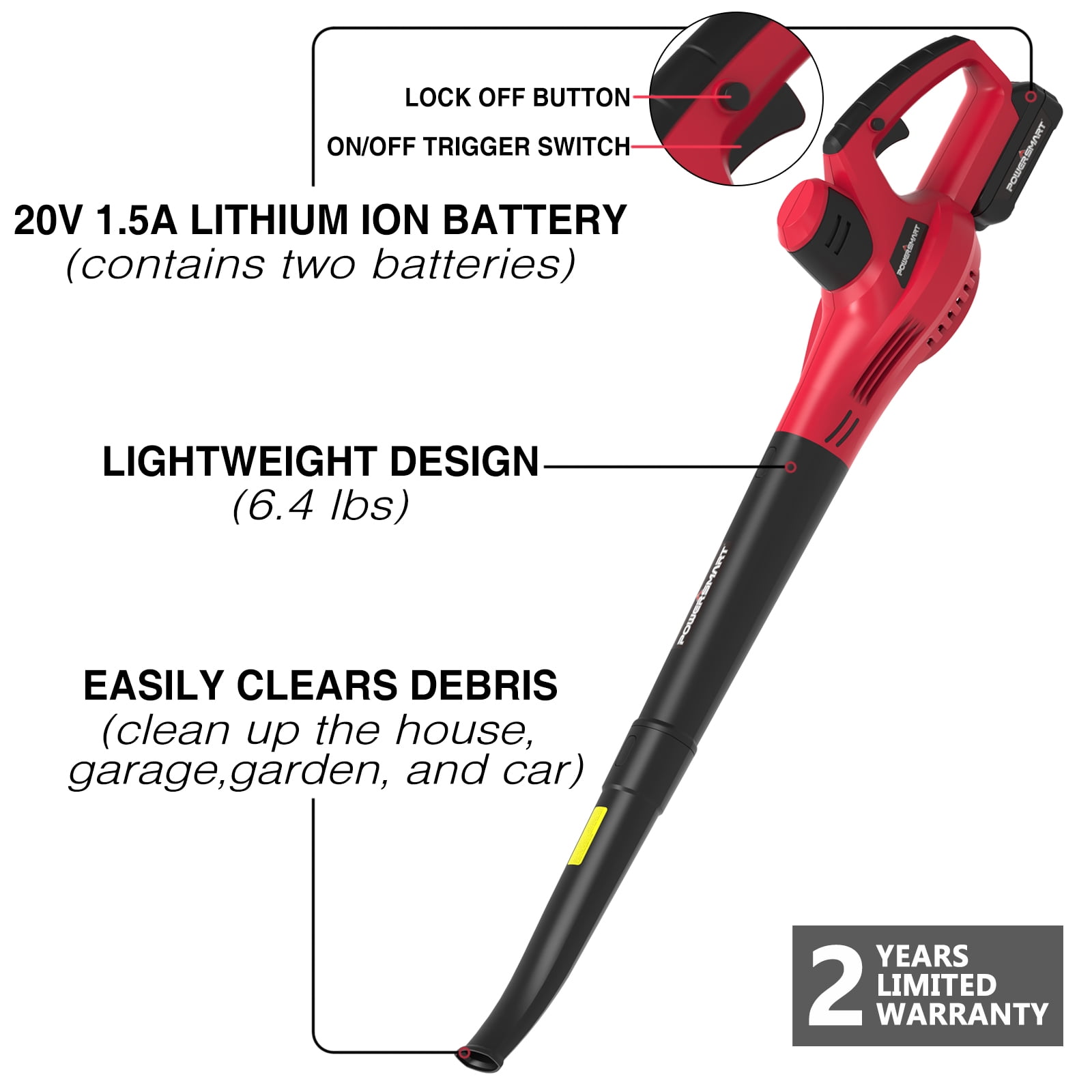 PowerSmart Brand New 20V Cordless Handheld Garden Leaf Blower with Two 2.0Ah Batteries and Charger