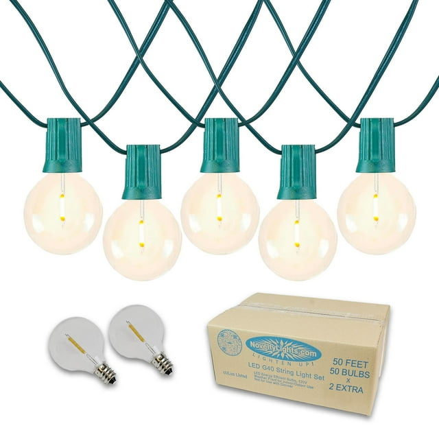 Novelty Lights 50 Feet G40 LED Patio String Lights with 50 Bulbs, Warm White, Weather Resistant and Shatterproof Replaceable Plastic Globe Bulbs, Green Wire