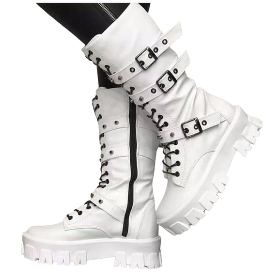 HEWUQI Platform Combat Boots for Women Buckles Lace up Chunky Lug Sole Mid Calf Booties Fall Winter Outdoor Hiking Footwear White Size 9