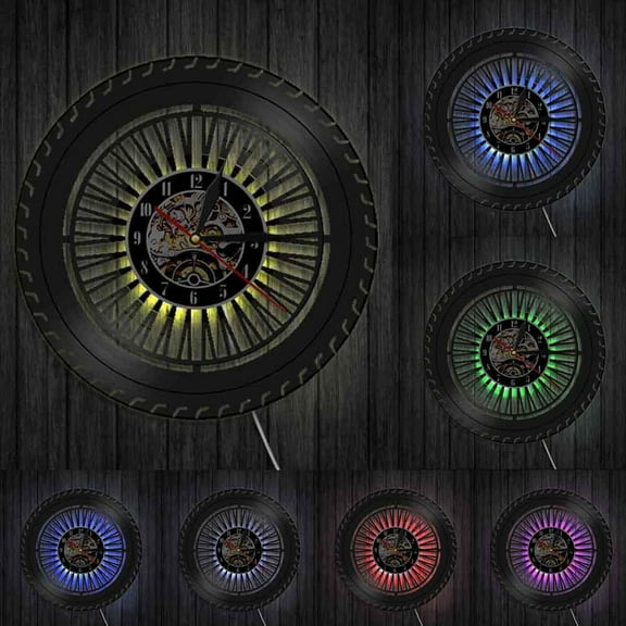 Performance Wheel Wall Clock Vintage Car Wheel Clock Cars Service Sales Garage Repair Vinyl Record Sign Decorative Wall Clock With LED
