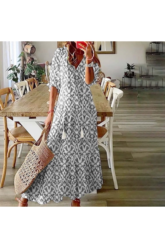 Boho Womens Fall&Winter Dresses Long Short Sleeve V-Neck Gray Dresses Paisley Relaxed Fit Retro Geometric A-Line Dresses Gray,S