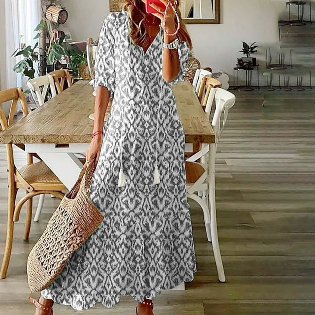 EGNMCR Robes d'Été Femmes Tendance 2024 Mode Décontractée Printemps/été Col en V Manches Courtes Robe Imprimée