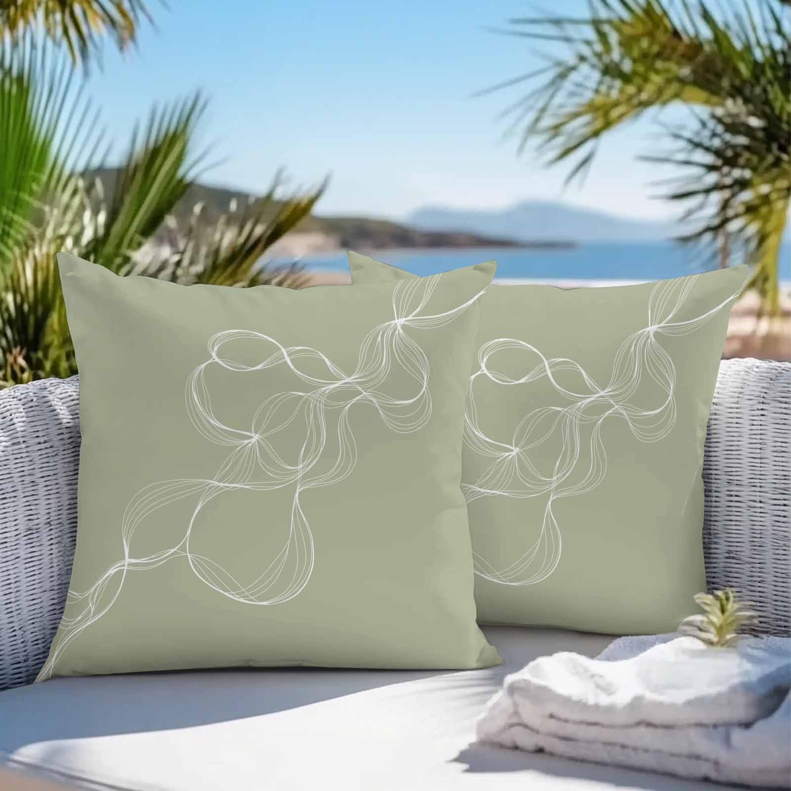 Outdoor Waterproof Throw Pillow Covers Set of 2 Sage Green Twisted Lines Decorative Pillowcases Square Outdoor Pillows Cushion Case 16x16 Inch Abstract Art Patio Pillows for Couch Sofa Bed Garden