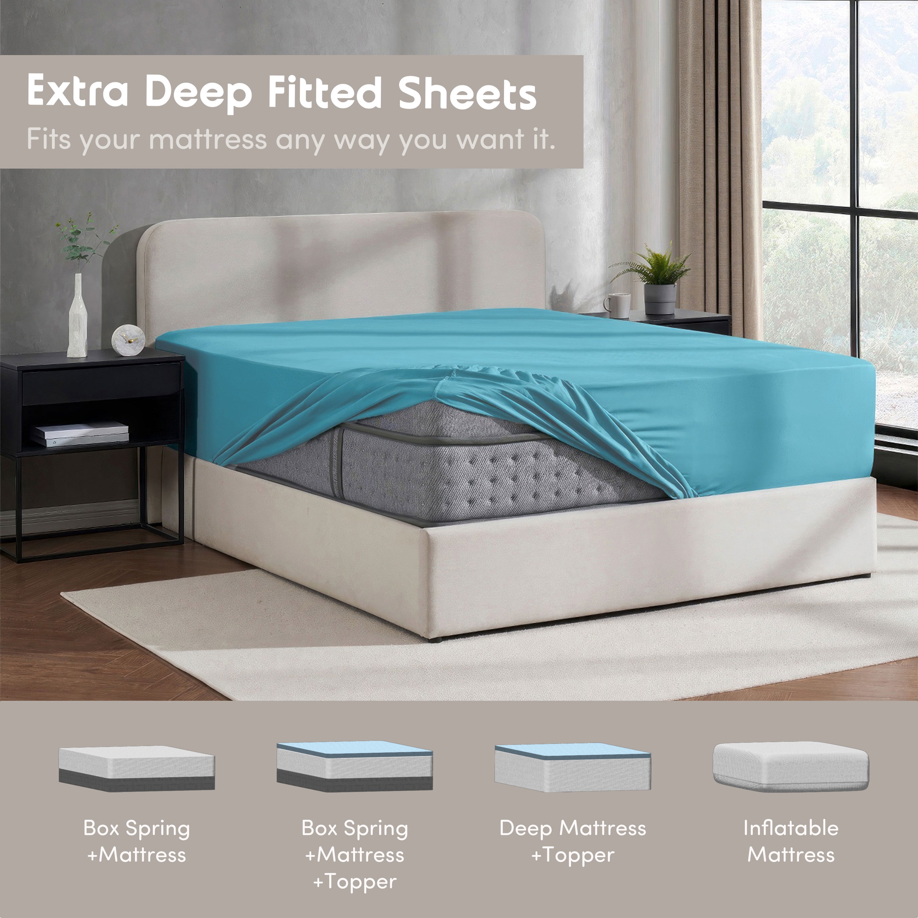 Lammaloe 2 Pack Extra Deep Pocket Queen Fitted Sheet Only, Fits 18" to 24" Mattress, Soft Microfiber Fitted Bed Sheet, Beach Blue