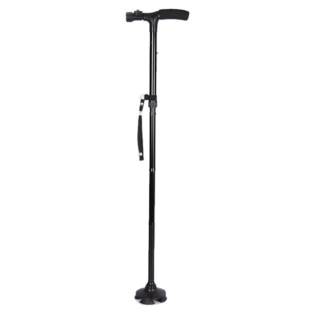 Bastón de aleación de aluminio con luz LED y absorción de impactos, mango tipo T y extensión para cuatro patas.