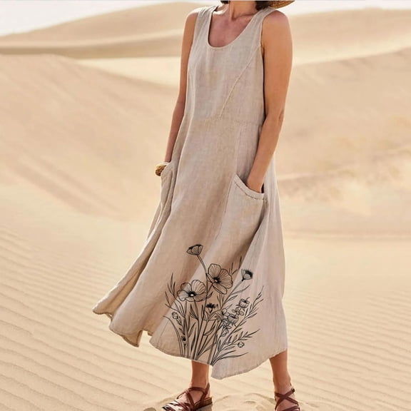 Beach Sleeveless Dresses for Womens Summer Breathable Tank Maxi Dress Floral Printed Casual Flowy Sundress Khaki XL