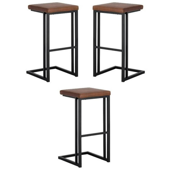 Home Square Boone 30" Faux Leather Barstool in Black/Bravo Cognac - Set of 3