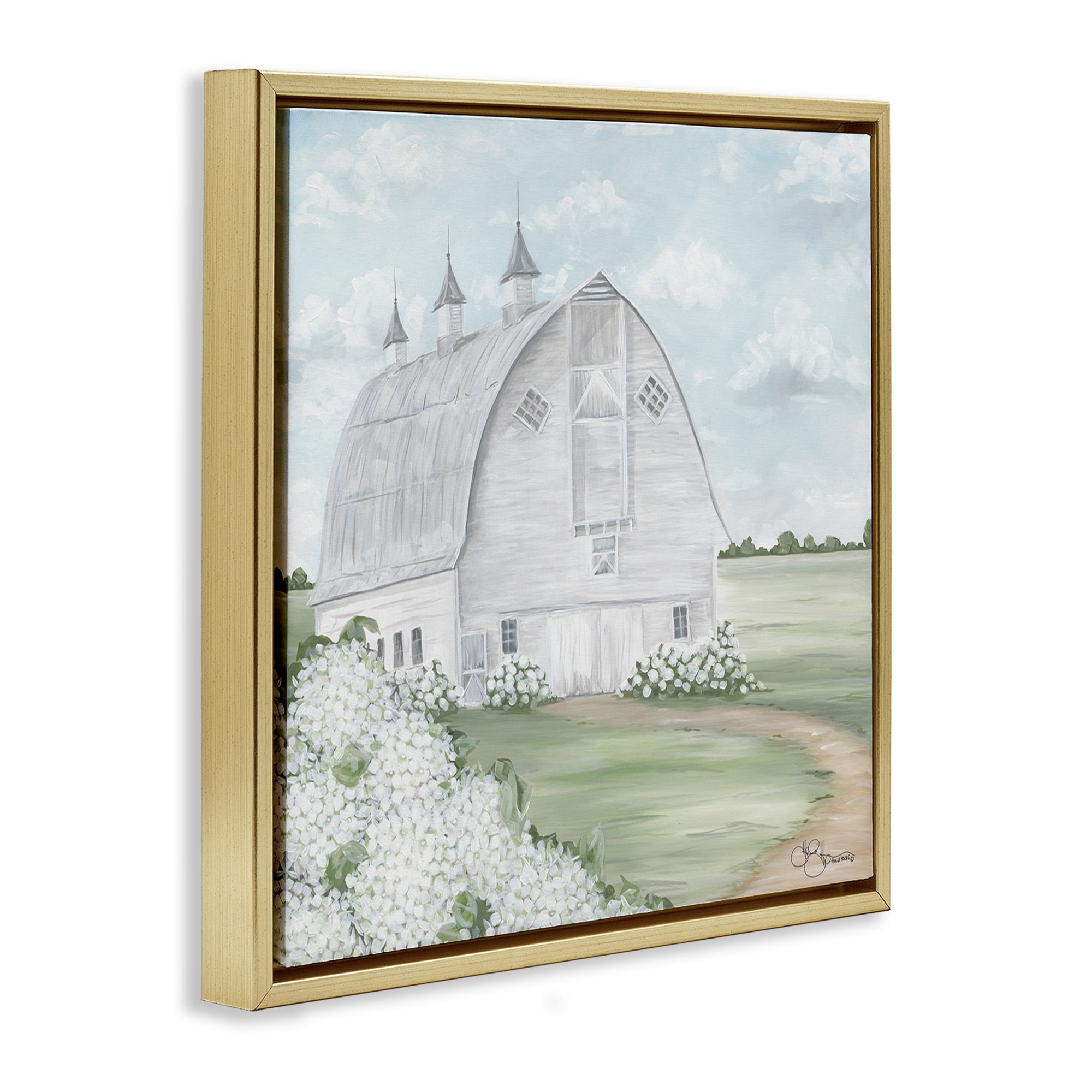 Stupell Industries Soft Country Landscape with Hydrangeas Landscape Painting Gold Floater Framed Canvas Art Print Wall Art, 25 x 25