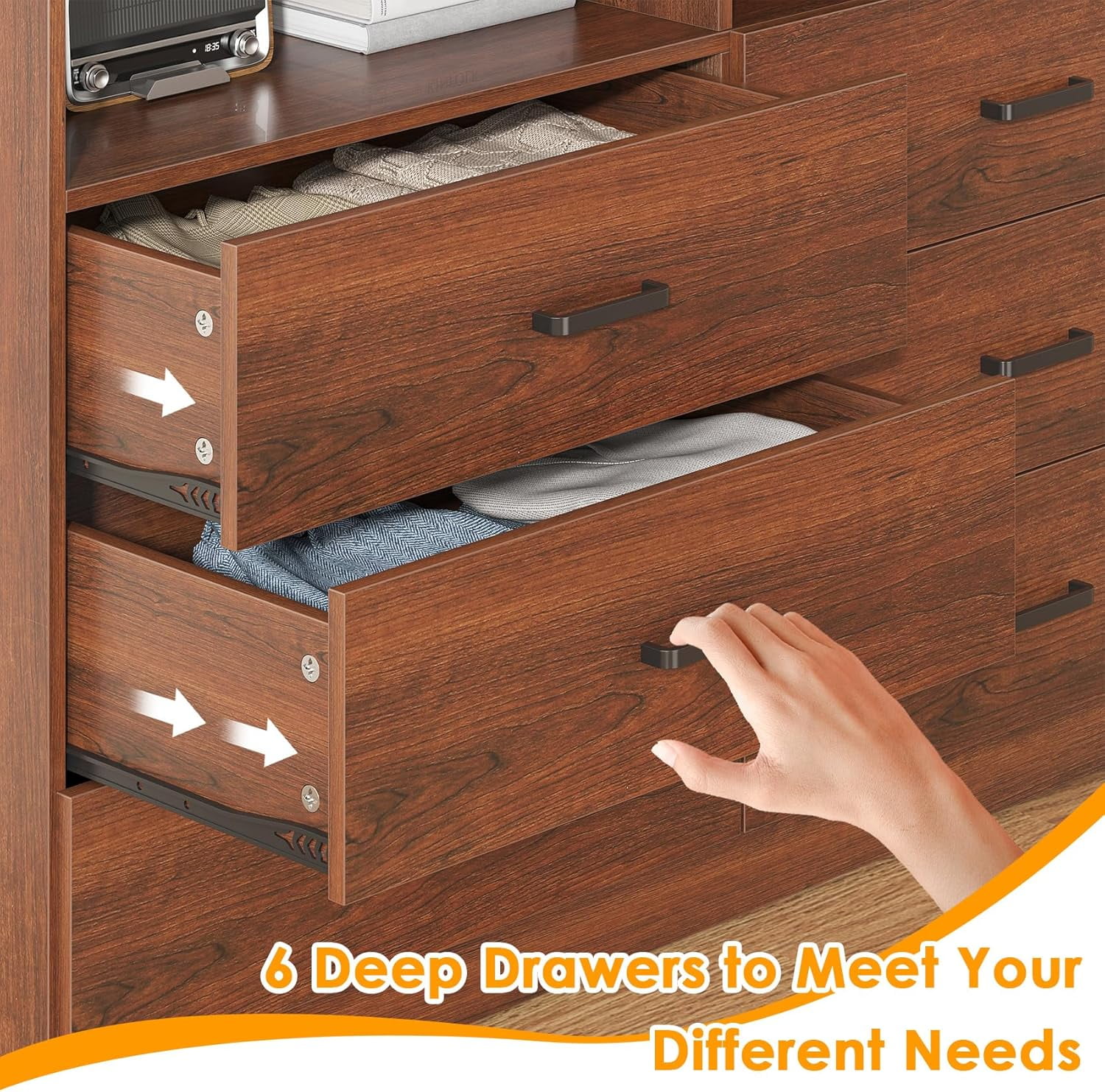 Frmobepts Wood Dresser for Bedroom, 6 Drawer Dresser with Open Storage Cubby,Brown