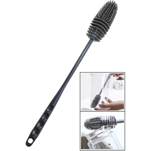Simply Good Long Handle Bottle and Glass Dish Scrub Brush - Durable Silicone Bristles, Gray