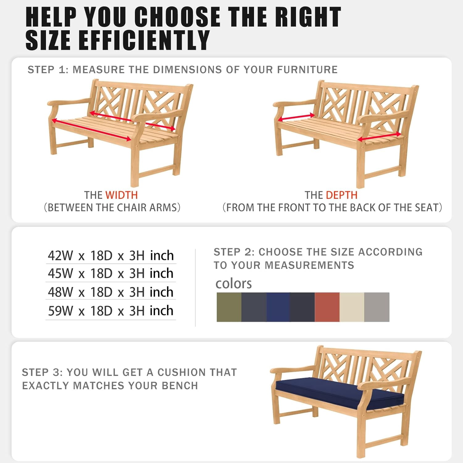 Outdoor Bench Cushion 48 x 18 Inch Waterproof Patio Furniture Cushions 3-Year Color Fastness Garden Sofa Settee Couch Swing Pads with Handle and Adjustable Straps, Blue