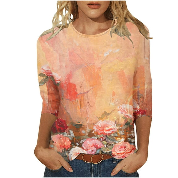 YUGYXL Vintage Flower Printed Tops for Women Trendy 3/4 Sleeve Clothes Plus Size Loose Comfy Tshirts Fashion Crew Neck Lightweight Tunic Shirts Going Out Blouse