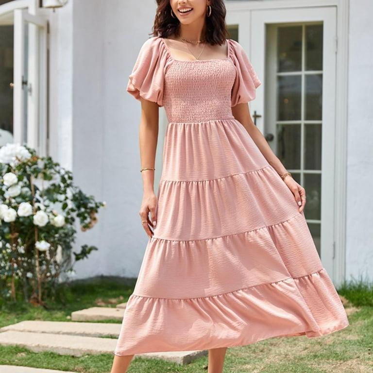 ワンピース Garden Party Ruffled Midi Dress Fanxing Women's Casual Summer Midi Dress Puffy Short Sleeve