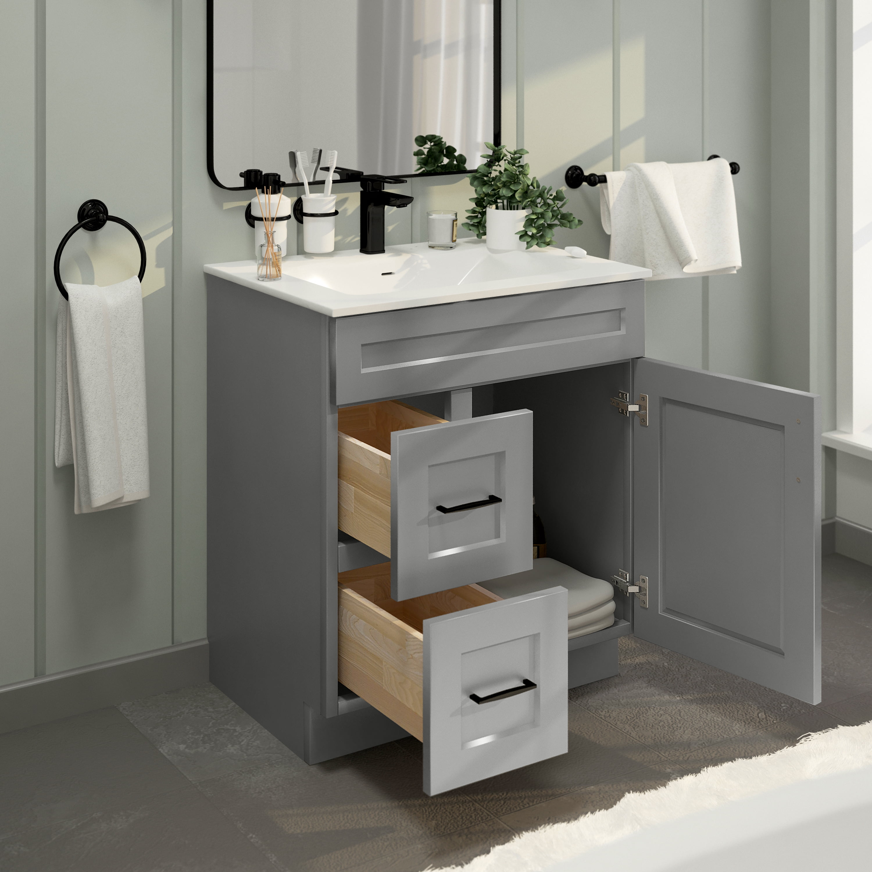 Light Grey Shaker Bathroom Vanity Sink Base with Drawers 30" Ready-to-Assemble Cabinet