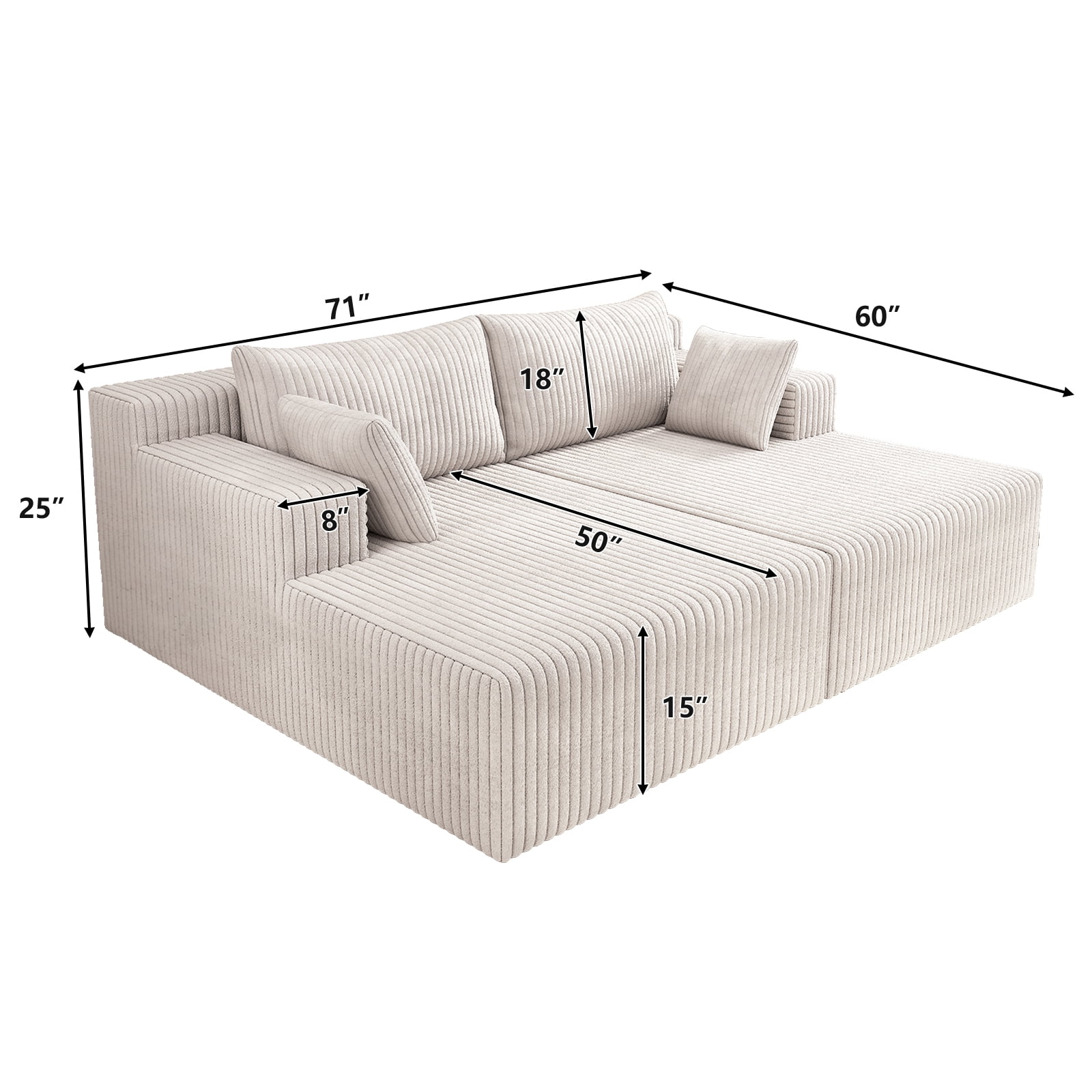 Aukfa 71" Oversized Double Chaise Lounge Indoor, Modular Boneless Cloud Couch Sleeper Loveseat, Deep Seat Corduroy Sofa Bed, No Assembly Required for Living Room Bedroom, Antique White