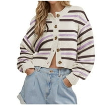 Women's Long Sleeve Striped Cardigan Knit Sweaters Crew Neck Open Front Button Up Color Block Loose Fit Sweaters Coats