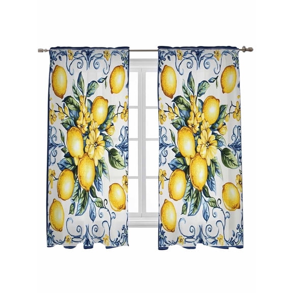 Yellow Lemon Curtains 63 Inch Length, Sheer Curtains for Bedroom Living Room Window Middle Century Blue Italian Textured Rod Pocket Voile Drapes Kitchen Curtains Small Half Window 42"x63" 2 Panels
